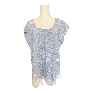 NWOT Sonoma blue & white embroidered hem short sleeve top – size XL